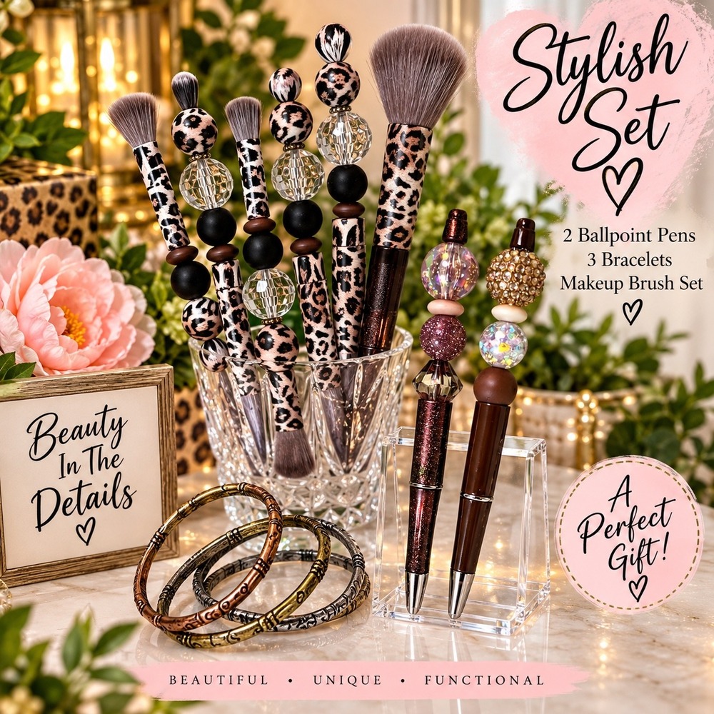 Leopard Print Makeup Brush Set Beaded Pens and Etched Metal Bangles Gift Bundle